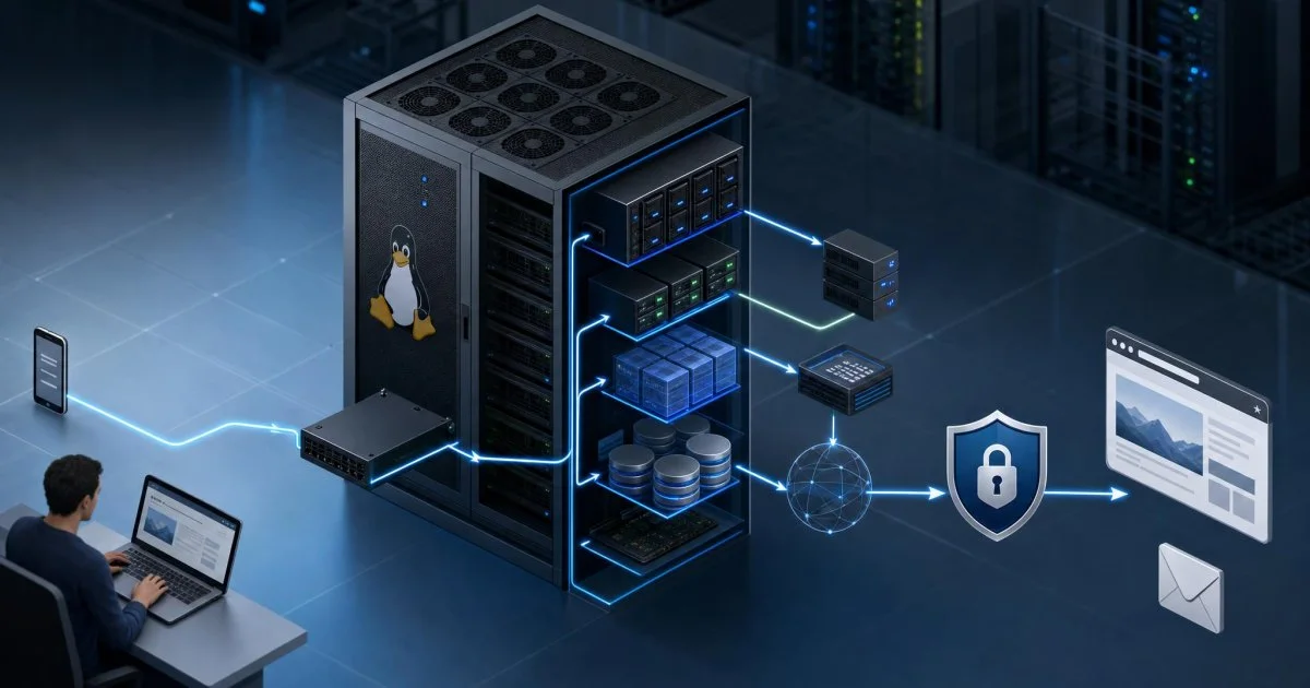 Linux web hosting altyapısını temsil eden sade bir sunucu ve ağ kompozisyonu