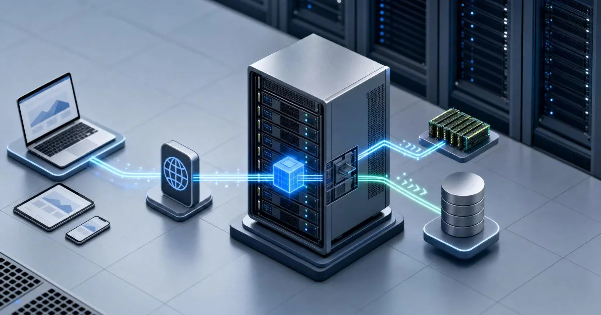 Sade bir veri merkezi ortamında küçük bir web sitesi için düşük maliyetli hosting altyapısını temsil eden sunucular ve ağ bağlantıları.