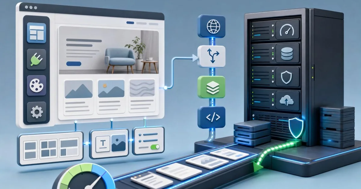 Logo göstermeyen, düşük bütçeli WordPress hosting seçimini anlatan sunucu ve site çalışması görseli.