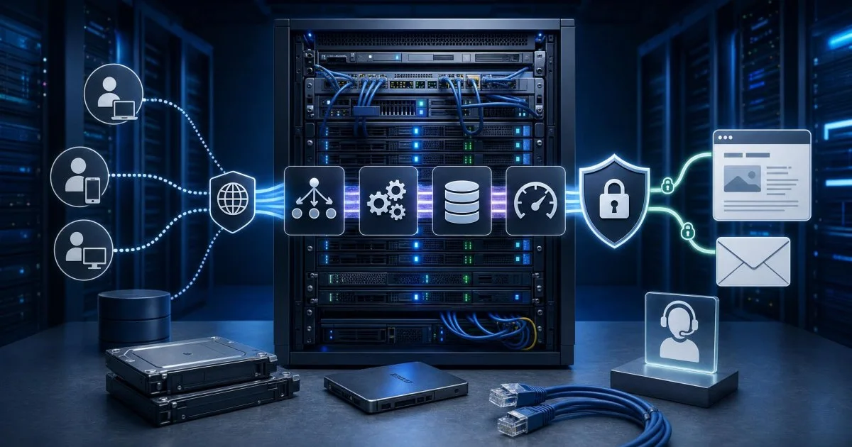 Sunucu rafları ve ağ bağlantılarıyla web hosting seçim sürecini anlatan kurumsal görsel